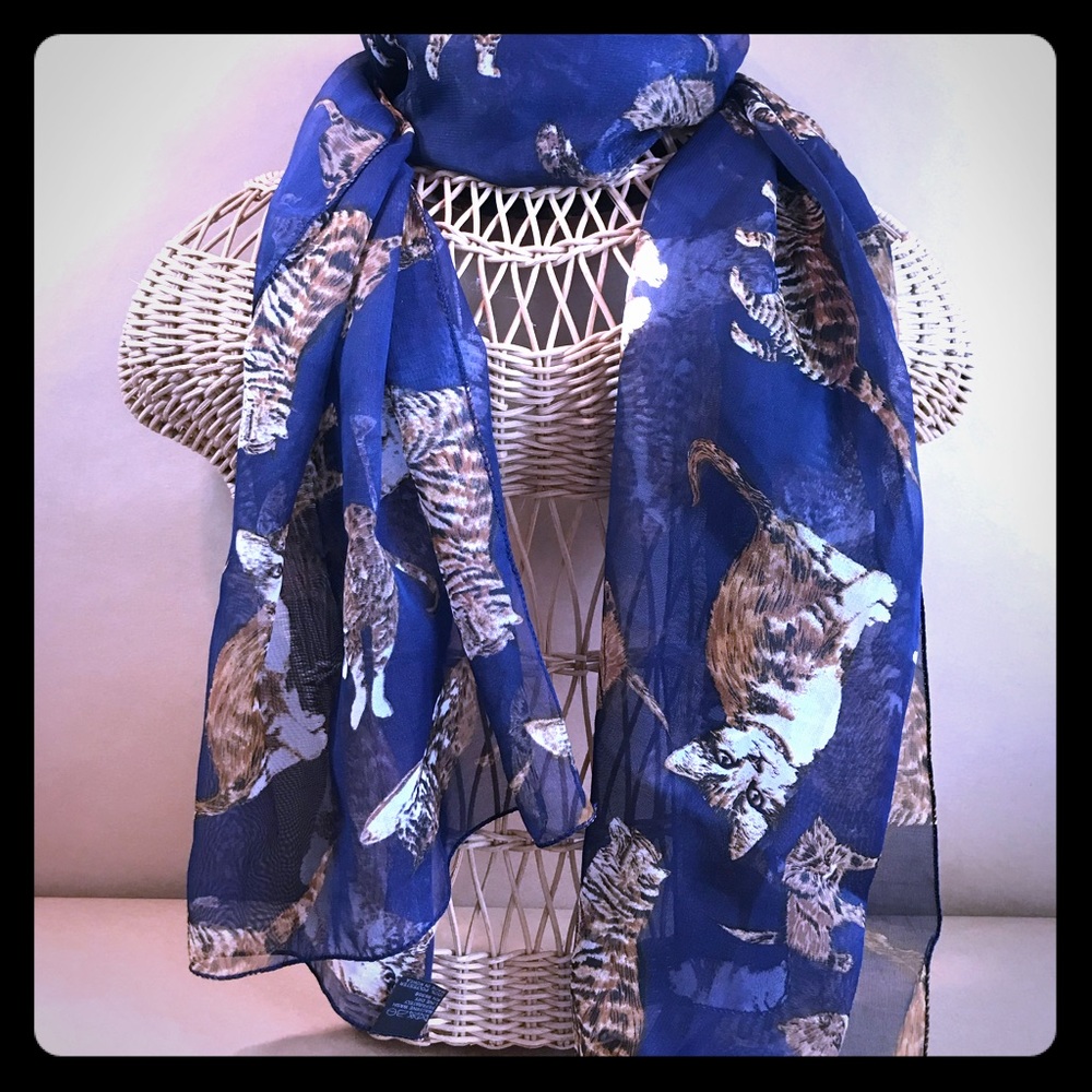 Whimsical Cat Print Large Rectangular Scarf VTG